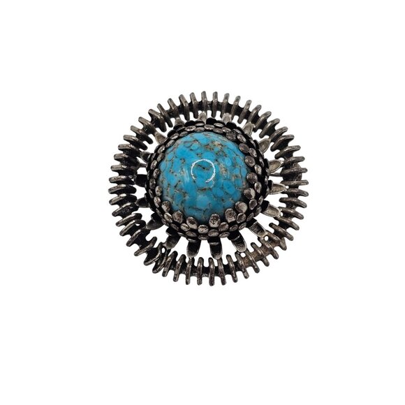 VTG Brooch Silver Tone Turquoise Stone Native Art Point Boho Chic Statement Pin - Picture 3 of 11